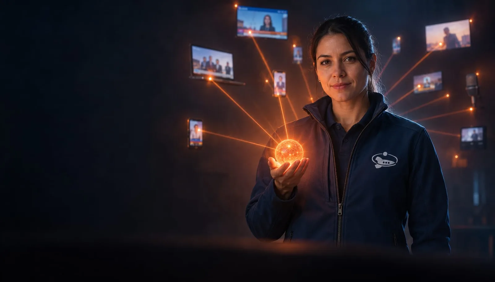 Isabella, de Efeonce, sostiene una esfera de luz naranja de la que salen líneas hacia muchas pantallas