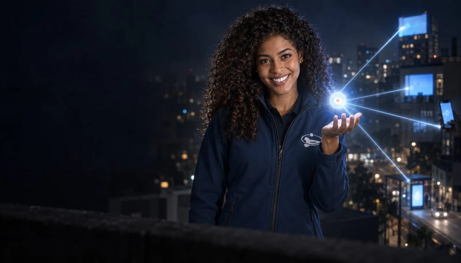Isabella sostiene una esfera de luz de la que salen líneas hacia muchas pantallas