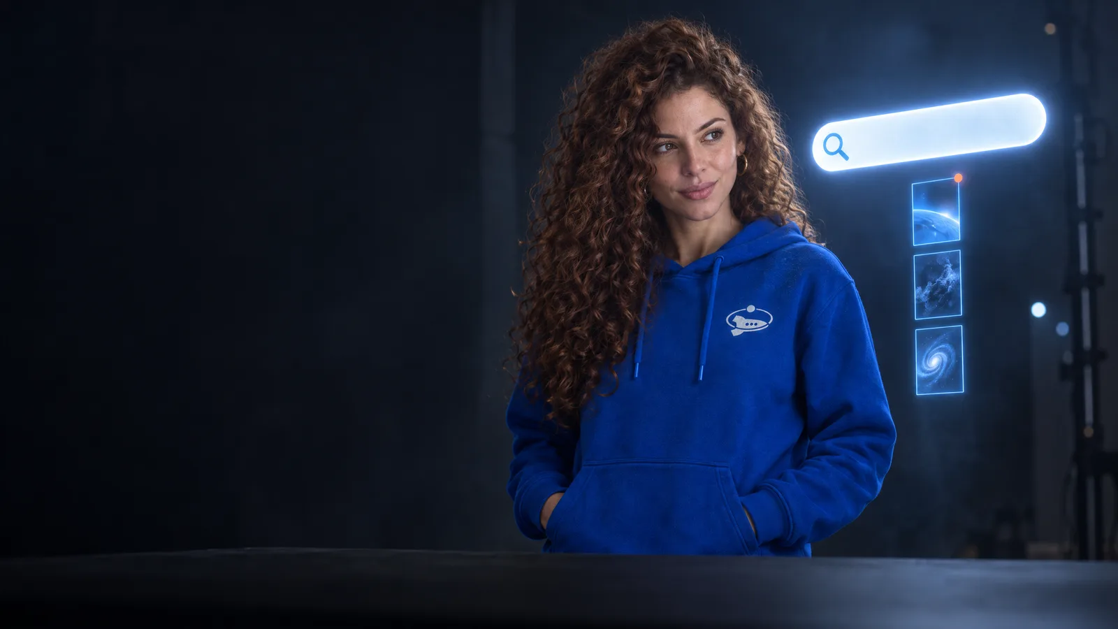 Sophia, de Efeonce, junto a una barra de búsqueda iluminada