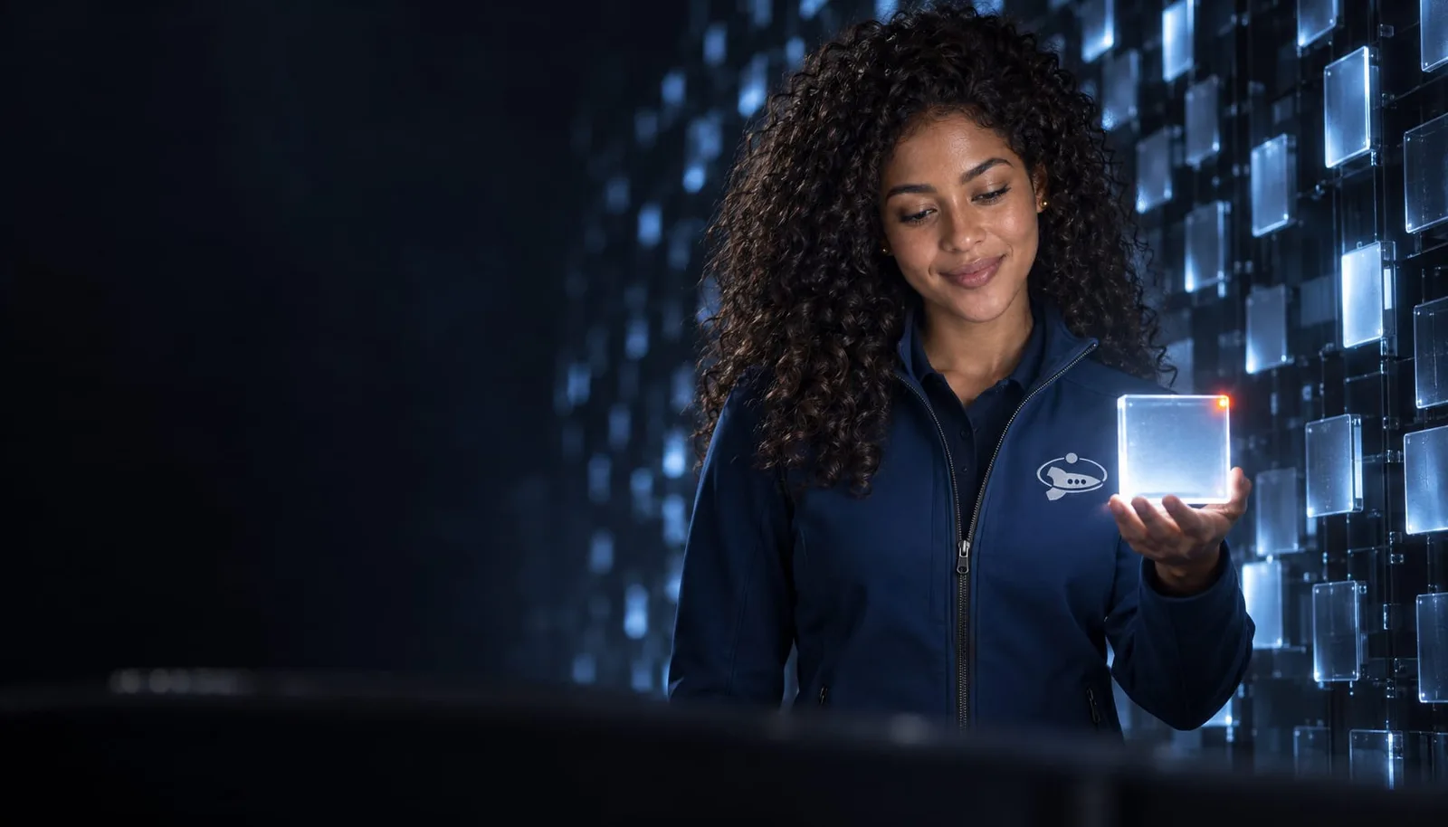 Isabella, de Efeonce, sostiene un cubo de luz frente a una pared de anuncios iluminados