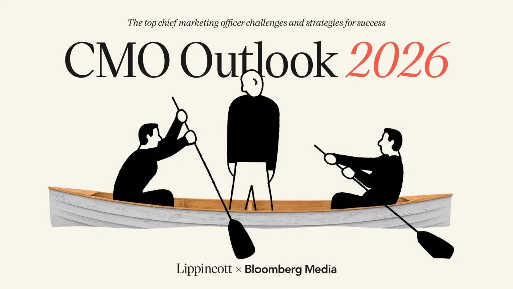 Portada del informe CMO Outlook 2026 con una ilustración de tres personas en un bote