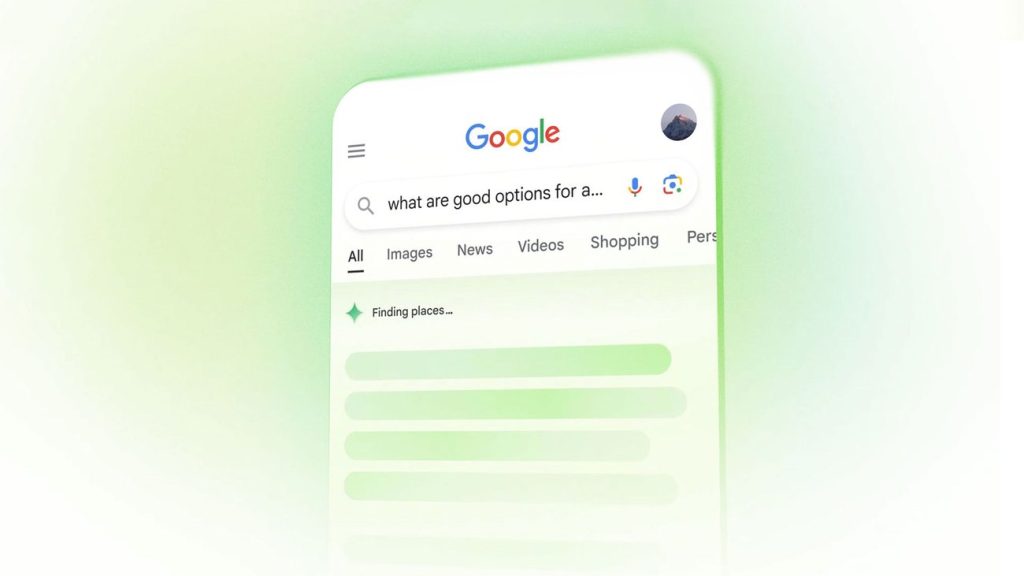 Ilustración de la interfaz de Google Search mostrando una búsqueda asistida por inteligencia artificial con resultados generándose automáticamente.