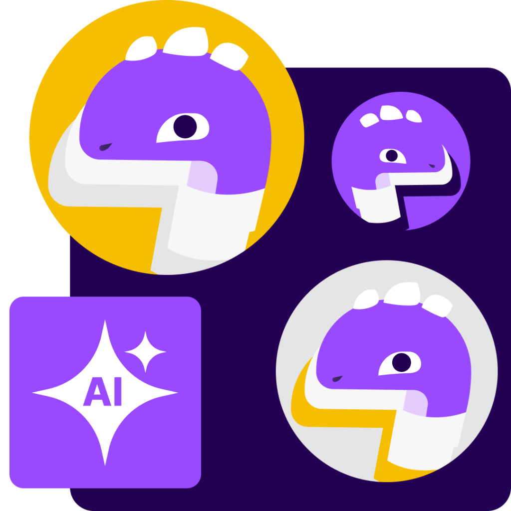 Variaciones del logotipo y avatar del dinosaurio morado Ziggy junto a un icono de IA con destellos.