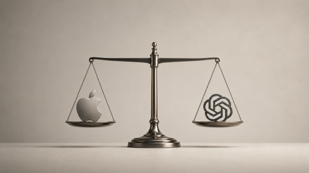 Una balanza de la justicia en equilibrio sosteniendo el logotipo de Apple en un platillo y el logotipo de OpenAI en el otro.