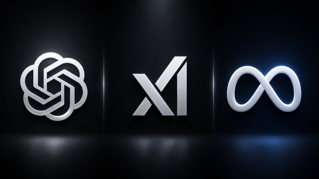 Logos de Open Ia, xAI y Meta en un fondo negro