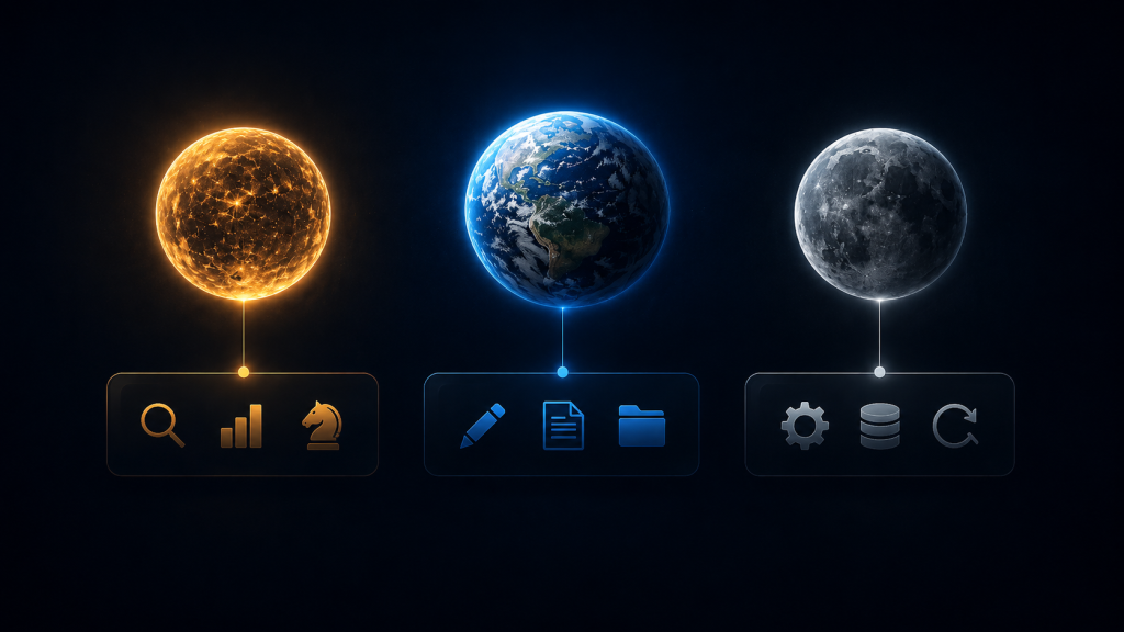 Sol, Terra y Luna, los tres niveles de modelos de GPT-5.6 de OpenAI, representados sobre un espacio de trabajo.