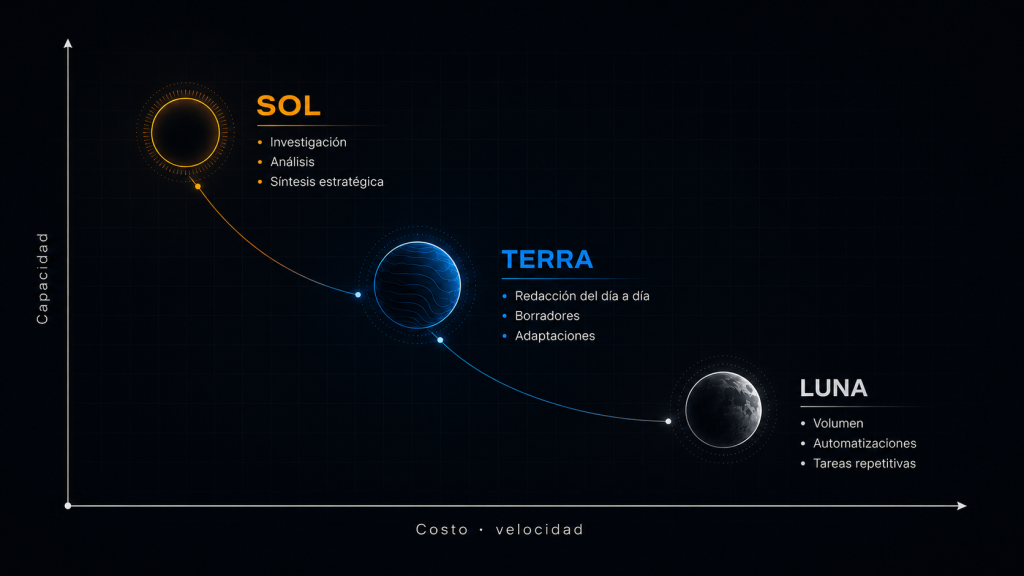 Sol, Terra y Luna, los tres niveles de modelos de GPT-5.6 de OpenAI, representados sobre un espacio de trabajo.