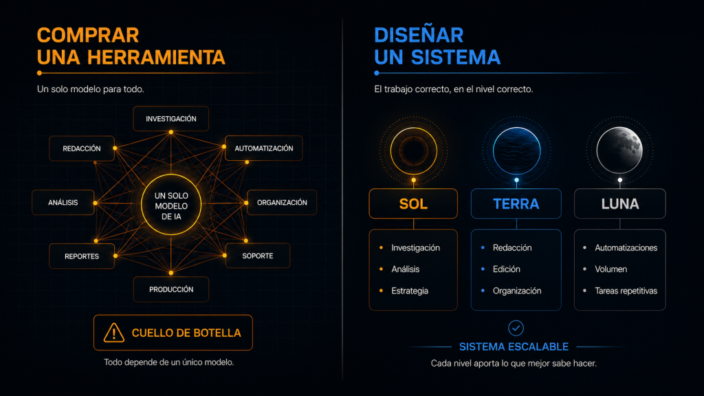 Diferencia entre usar un solo modelo de IA para todo y diseñar un sistema que distribuye el trabajo entre niveles de inteligencia.