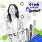 Diseño publicitario para el newsletter Glitch Edición #16, con una mujer profesional en traje gris y un gráfico de barras ascendent