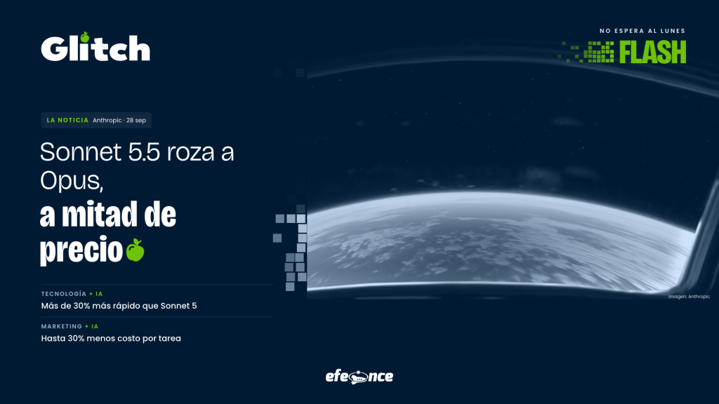 Glitch Flash: Sonnet 5.5 roza a Opus, a mitad de precio. La Tierra vista desde la ventana de una nave, en duotono navy.