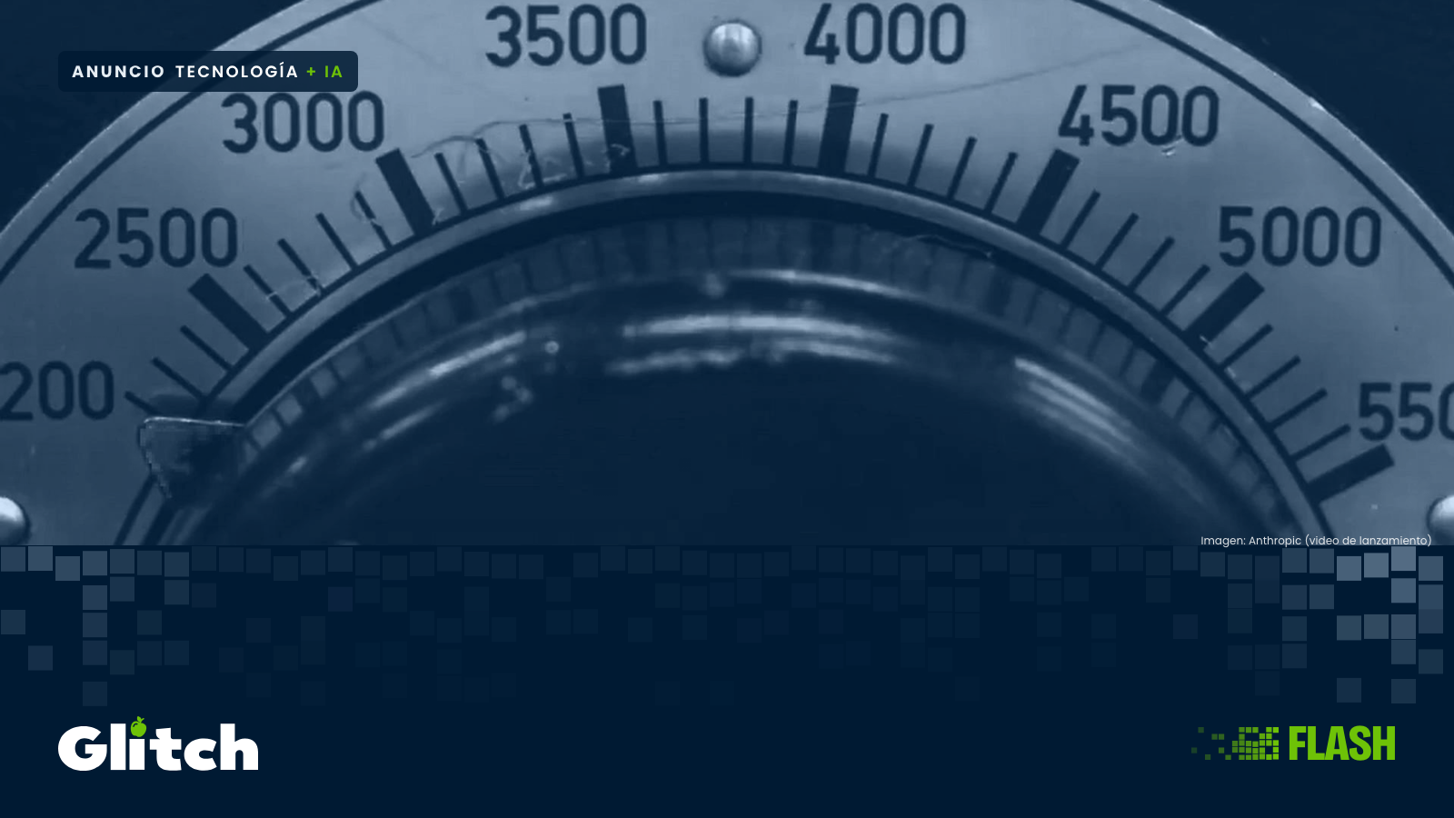 Banner de Glitch Flash: fotograma del video de lanzamiento de Claude Sonnet 5.5, un dial graduado en duotono navy que se desarma en bytes.