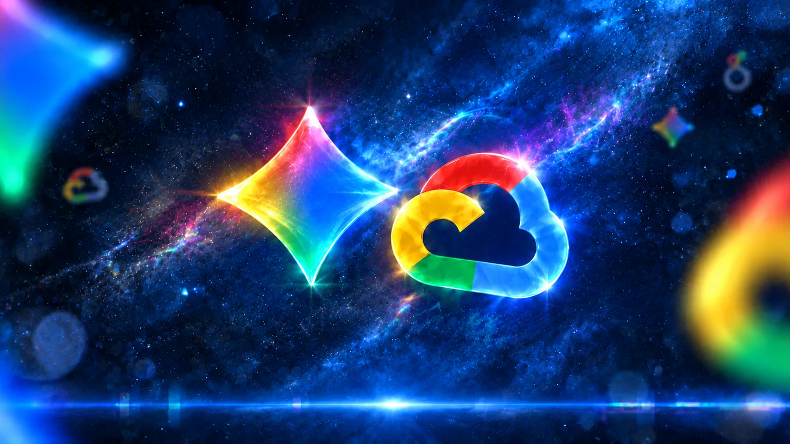 Gemini y Google Cloud como esculturas luminosas en un entorno azul con profundidad cinematográfica, sin texto.