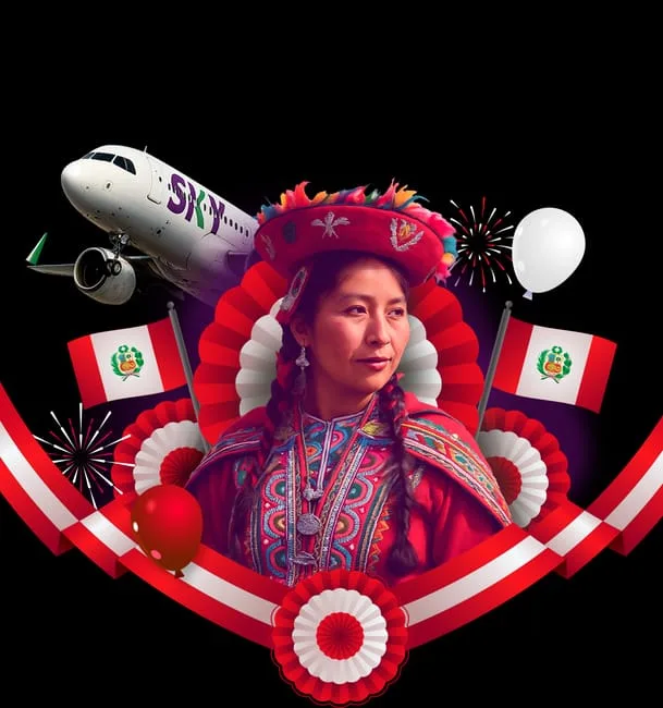 Sky Airline Fiestas Patrias Perú: mujer con traje típico y el avión de Sky