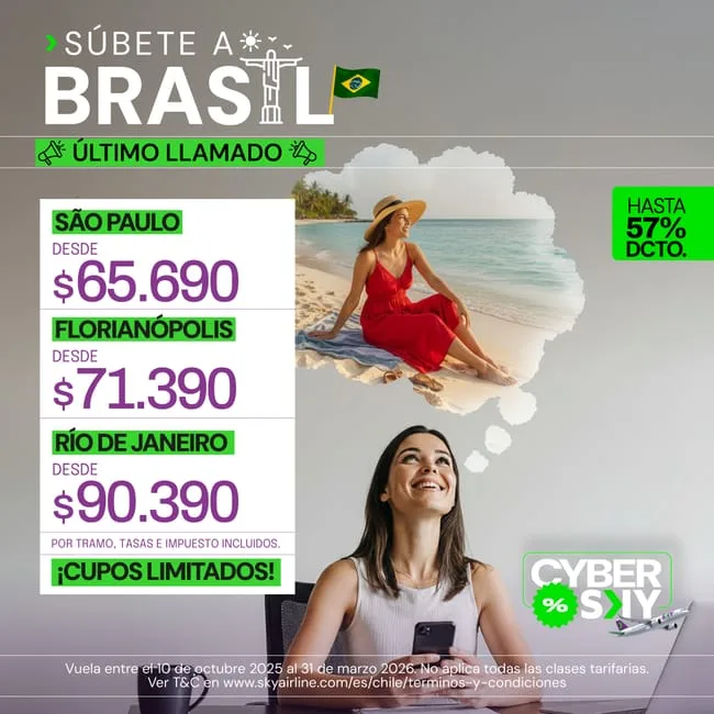 Sky Airline Cyber Sky: súbete a Brasil, tarifas a São Paulo, Florianópolis y Río de Janeiro