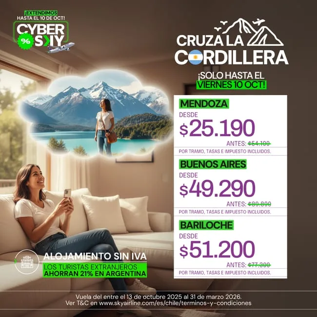 Sky Airline Cyber Sky: cruza la cordillera, tarifas a Mendoza, Buenos Aires y Bariloche